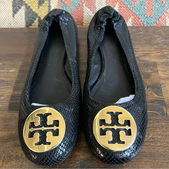 Tory Burch Reva Black Shiny textured Leather Ballet Flats US8