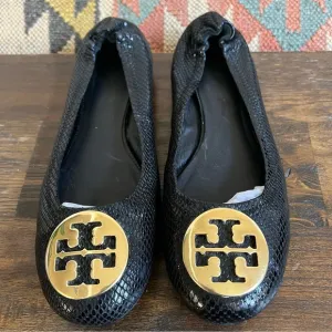 Tory Burch Reva Black Shiny textured Leather Ballet Flats US8