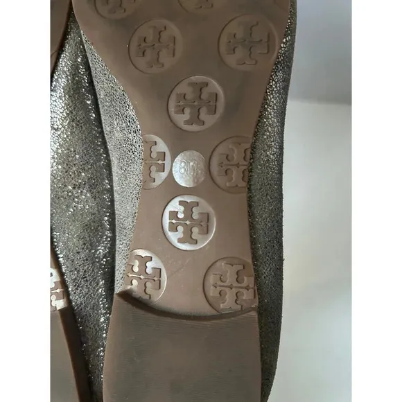 Tory Burch REVA Leather Ballerina Ballet Flat Shoes Metallic Silver Women's 8M
