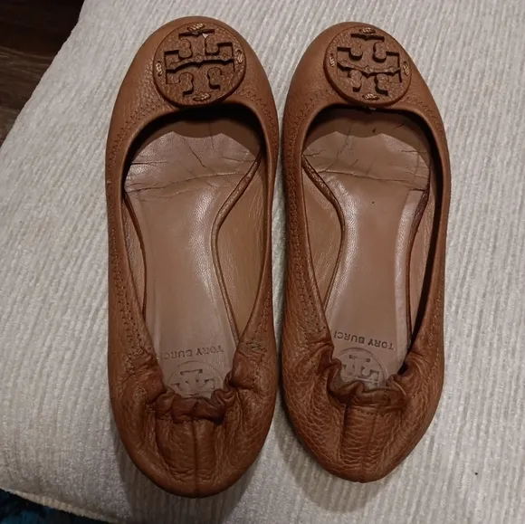 Tory Burch Reve Tumbled Brown Leather Ballet Flats Wmn's Sz 7