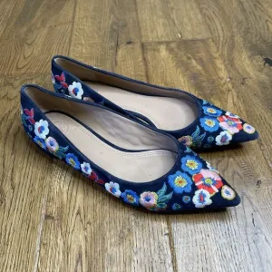 Tory Burch Rosemont Embroidered Pansy Floral Blue Suede Pointed Flats Size 5M