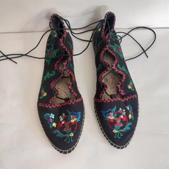 TORY BURCH SONOMA EMBROIDERED espadrilles LACE UP FLATS 9