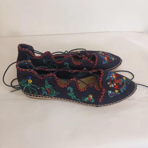 TORY BURCH SONOMA EMBROIDERED espadrilles LACE UP FLATS 9