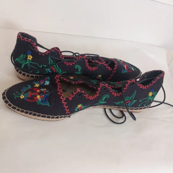 TORY BURCH SONOMA EMBROIDERED espadrilles LACE UP FLATS 9