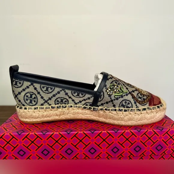 Tory Burch T Monogram Platform Cheetah Embroidered Espadrilles Size 7