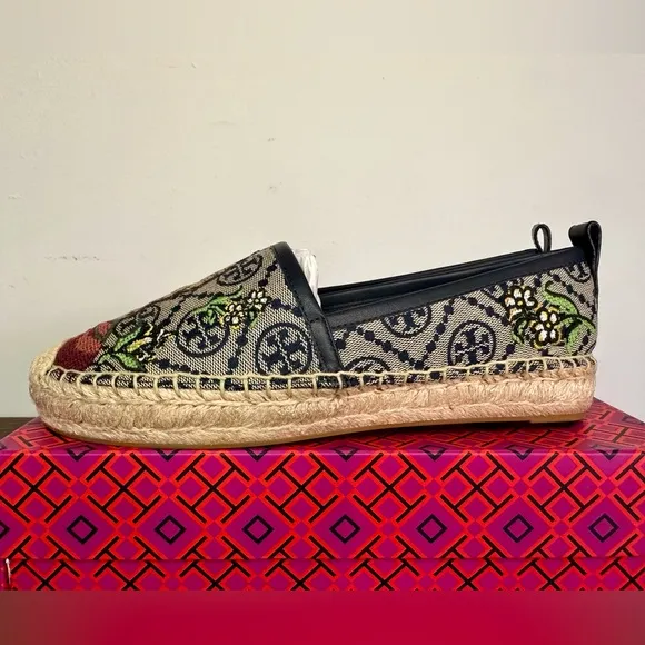 Tory Burch T Monogram Platform Cheetah Embroidered Espadrilles Size 7