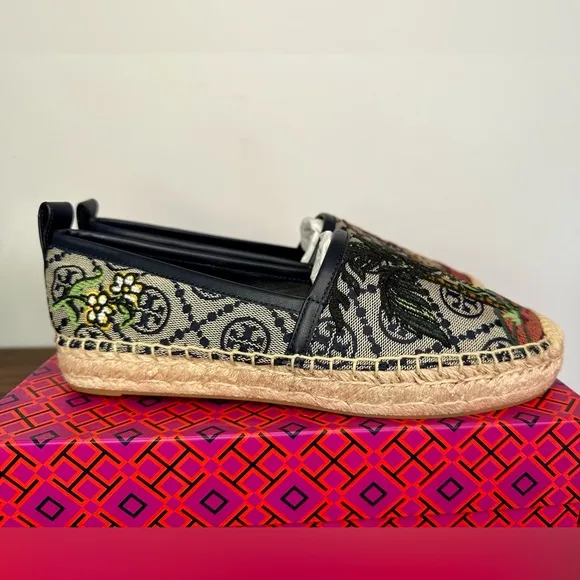 Tory Burch T Monogram Platform Cheetah Embroidered Espadrilles Size 7