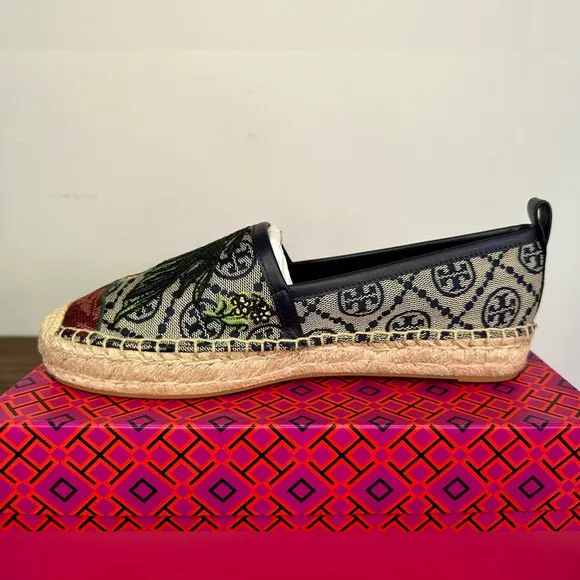 Tory Burch T Monogram Platform Cheetah Embroidered Espadrilles Size 7