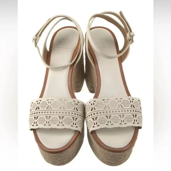 Tory Burch White Roselle Leather Lasercut Accents Platform Women's Espadrilles s