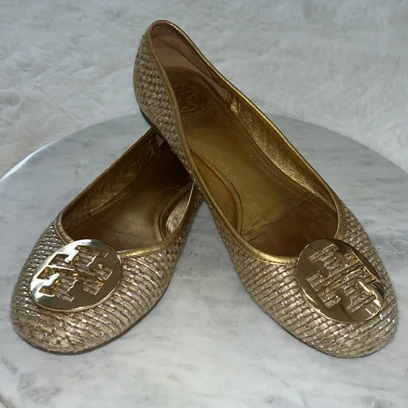 Tory Burch Woven Ballerina Flats Gold &amp; Tan size 9.5
