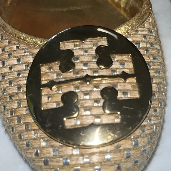 Tory Burch Woven Ballerina Flats Gold &amp; Tan size 9.5