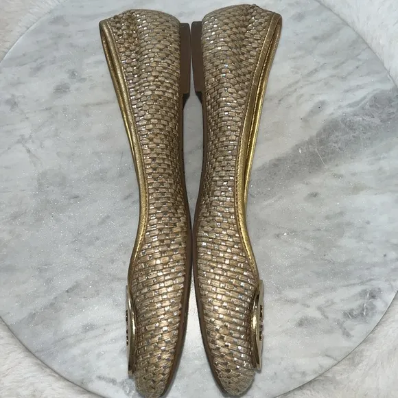 Tory Burch Woven Ballerina Flats Gold &amp; Tan size 9.5