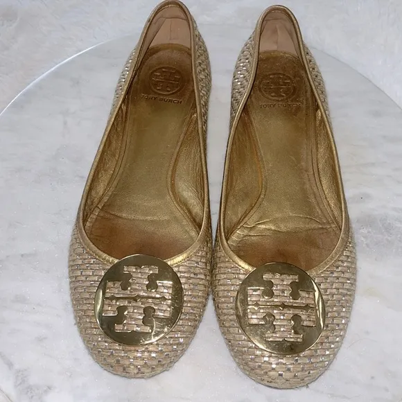 Tory Burch Woven Ballerina Flats Gold &amp; Tan size 9.5