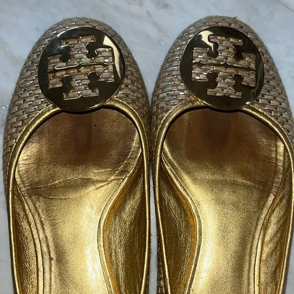 Tory Burch Woven Ballerina Flats Gold &amp; Tan size 9.5