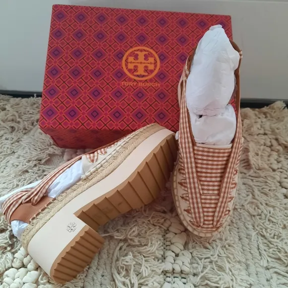 TORY BURCHLeather Plaid Print Espadrilles New in box