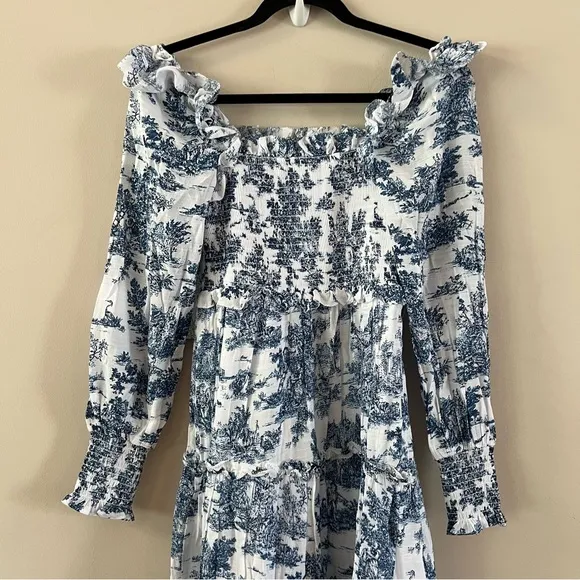 Tuckernuck Hyacinth house Long sleeve Georgina midi dress xxs Blue toile print
