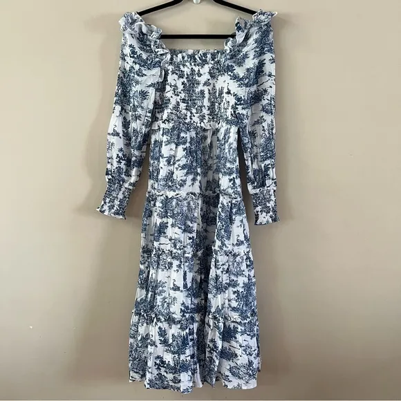 Tuckernuck Hyacinth house Long sleeve Georgina midi dress xxs Blue toile print
