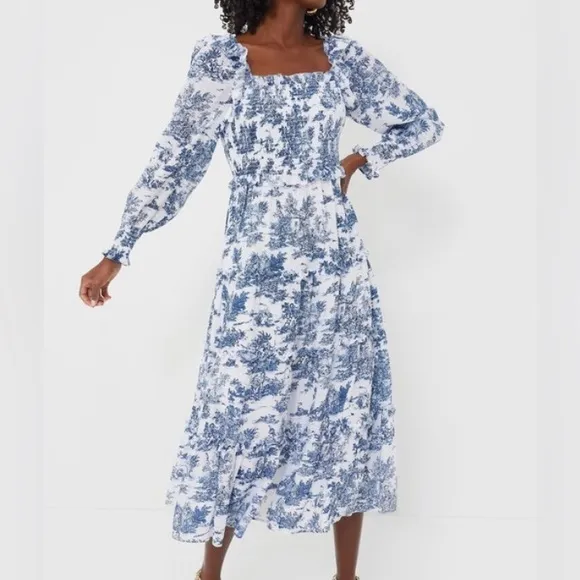 Tuckernuck Hyacinth house Long sleeve Georgina midi dress xxs Blue toile print