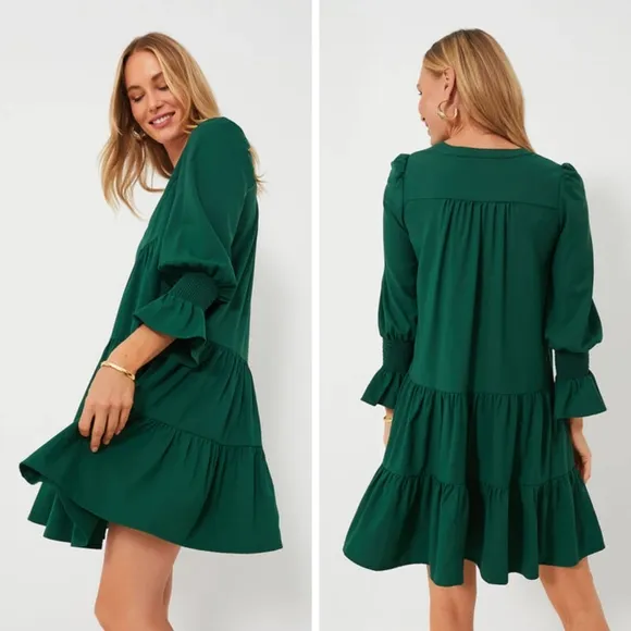 Tuckernuck Pomander Place Crepe Kenzo Swing Dress Dark Hunter Green Mini XL NEW