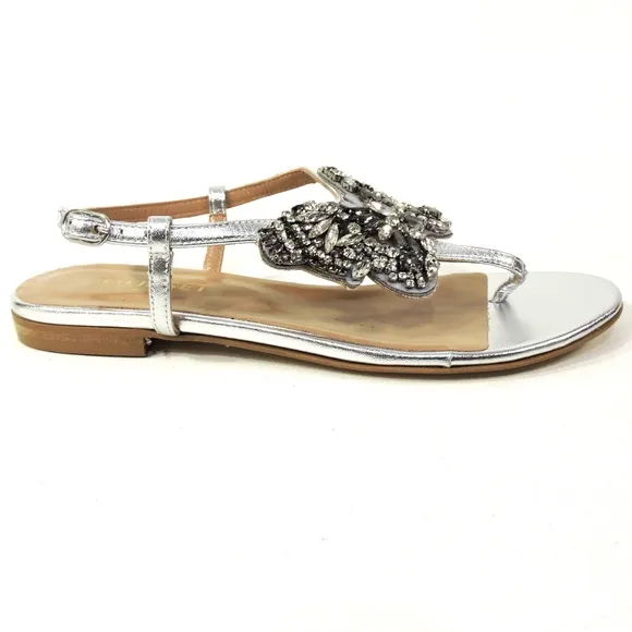 TWINSET 🇮🇹 WOMEN'S SILVER LEATHER COMFORT FLAT SUMMER SANDALS