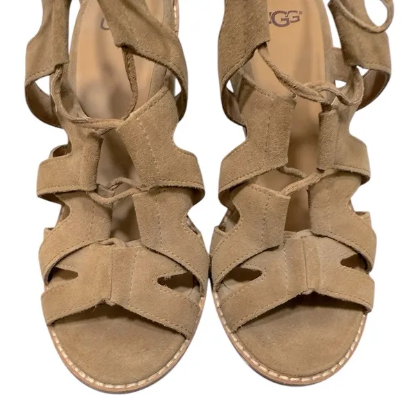 UGG Harris Strappy Gladiator Chunky Block Heel Sandals Tan Suede 8