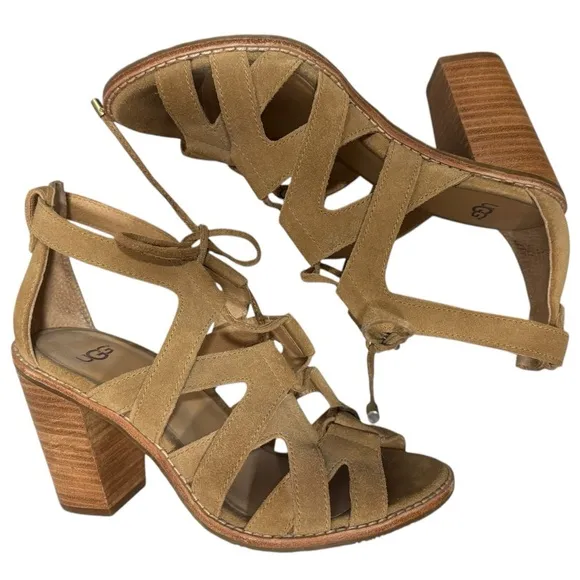 UGG Harris Strappy Gladiator Chunky Block Heel Sandals Tan Suede 8