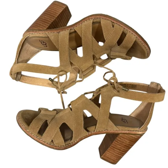 UGG Harris Strappy Gladiator Chunky Block Heel Sandals Tan Suede 8