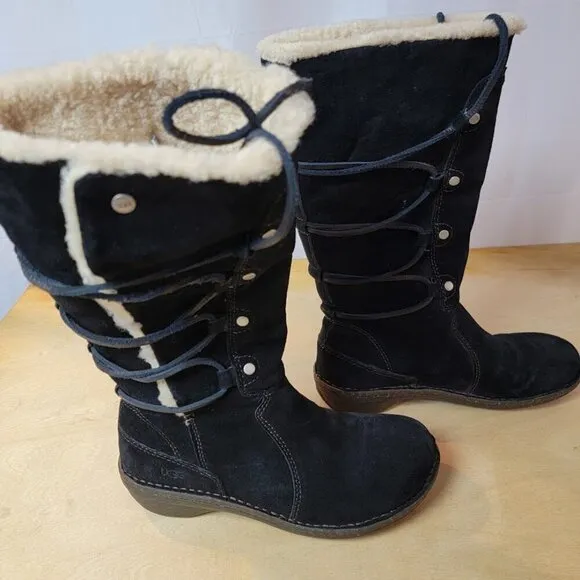 UGG SURFCAT 5158 Size 7 Leather Sheepskin Black Mid-Calf Lace Up Snow Boots