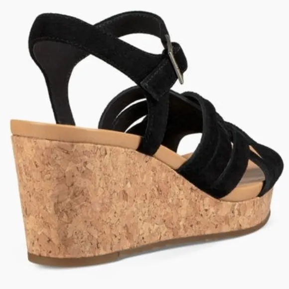 UGG Uma Black Suede Leather Cork Wedge Platform Heels Sandal Ankle Strap 9.5