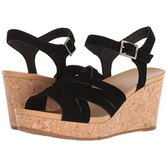 UGG Uma Black Suede Leather Cork Wedge Platform Heels Sandal Ankle Strap 9.5