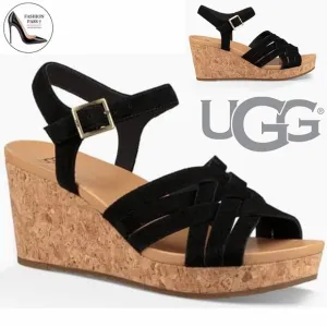 UGG Uma Black Suede Leather Cork Wedge Platform Heels Sandal Ankle Strap 9.5