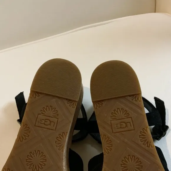 UGG Uma Black Suede Leather Cork Wedge Platform Heels Sandal Ankle Strap 9.5