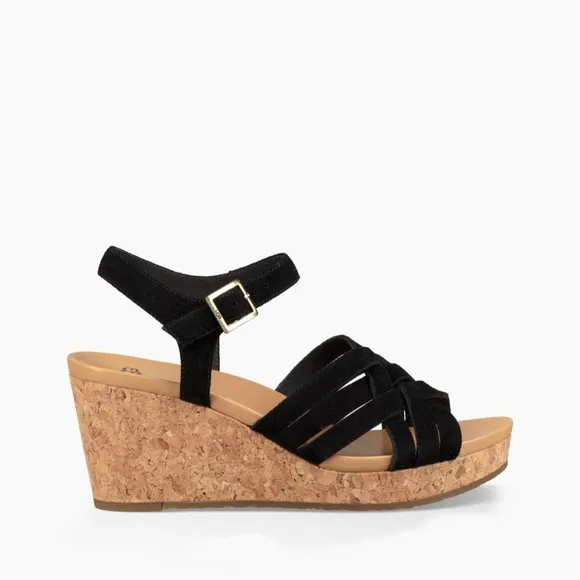 UGG Uma Black Suede Leather Cork Wedge Platform Heels Sandal Ankle Strap 9.5