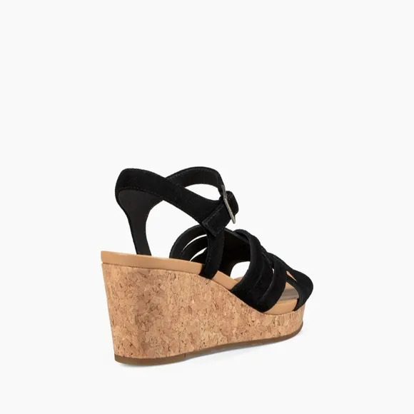 UGG Uma Black Suede Leather Cork Wedge Platform Heels Sandal Ankle Strap 9.5