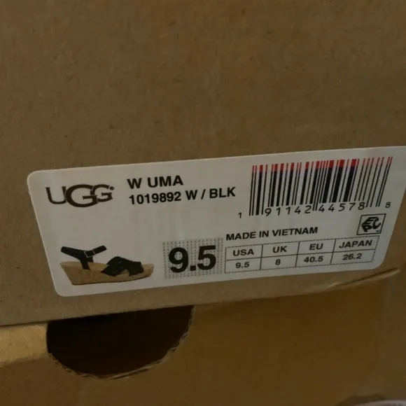UGG Uma Black Suede Leather Cork Wedge Platform Heels Sandal Ankle Strap 9.5