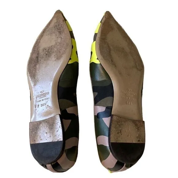 Valentino neon yellow camouflage camo pointed to rockstud flats, 38.5, 8.5