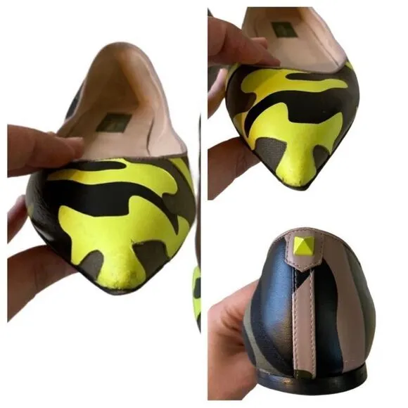 Valentino neon yellow camouflage camo pointed to rockstud flats, 38.5, 8.5