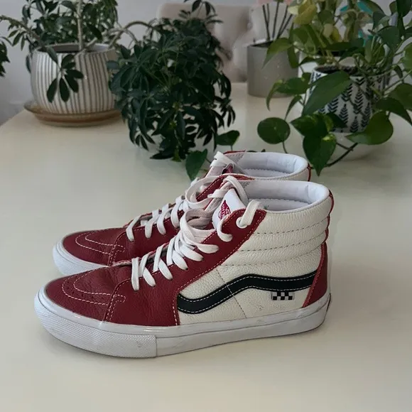 Vans Red and White High-Top Sneakers