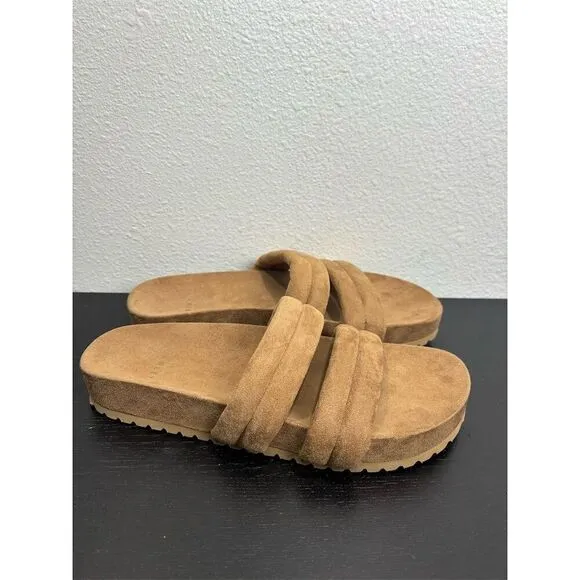 Varley Women's Giles 2.0 Quilted Slides 9‎ Brown Double Padded Straps Sandals