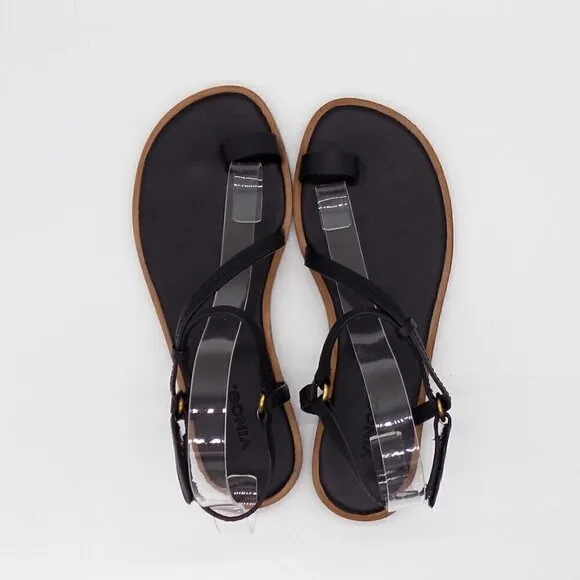 Vince Black Leather Flat Sandals Perrigan Hook and Loop Closure Toe Ring