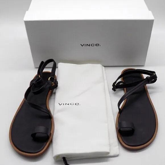 Vince Black Leather Flat Sandals Perrigan Hook and Loop Closure Toe Ring