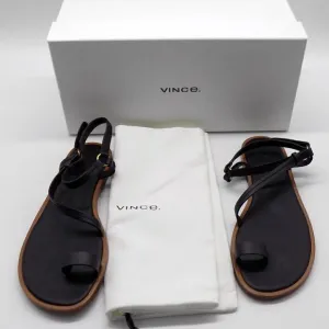 Vince Black Leather Flat Sandals Perrigan Hook and Loop Closure Toe Ring