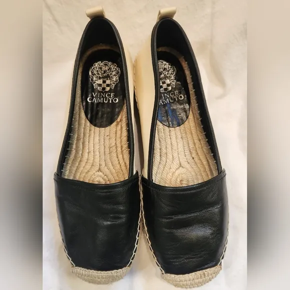Vince Camato‎ women's Mappen leather platform espadrilles black/cloud  size 8.5