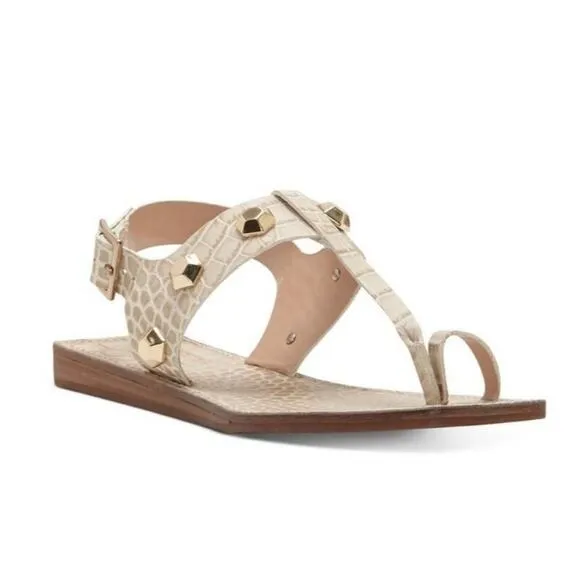 VINCE CAMUTO &quot;DAILETTE&quot; LIGHT TAUPE SNAKE EMBOSSED LEATHER STUD STRAPPY SANDAL🆕