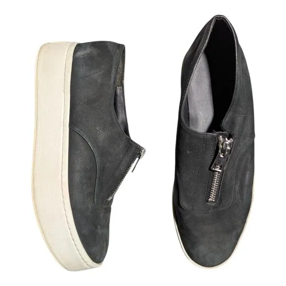 Vince Warner Black Nubuck Leather Zip Front Platform Slip-On Sneakers Sz 6