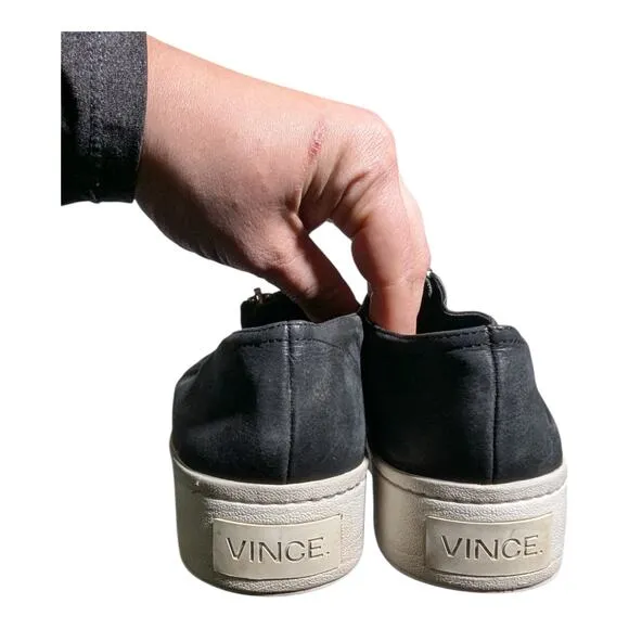 Vince Warner Black Nubuck Leather Zip Front Platform Slip-On Sneakers Sz 6