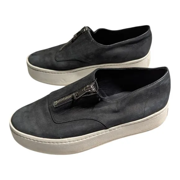 Vince Warner Black Nubuck Leather Zip Front Platform Slip-On Sneakers Sz 6