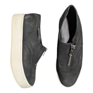 Vince Warner Black Nubuck Leather Zip Front Platform Slip-On Sneakers Sz 6
