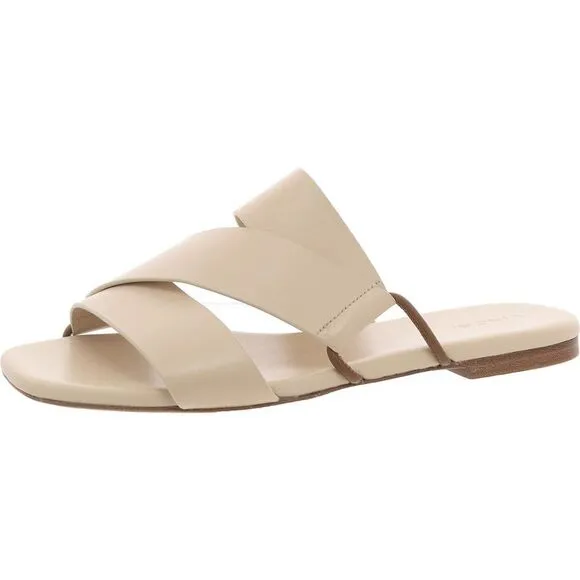 Vince Womens Dylan Beige Patent Strappy Flat Slide Sandals Shoes New