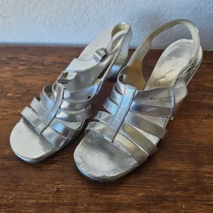 Vintage 70s Womens Silver Leather Strappy Sandals Heels Disco ABBA Size 6.5